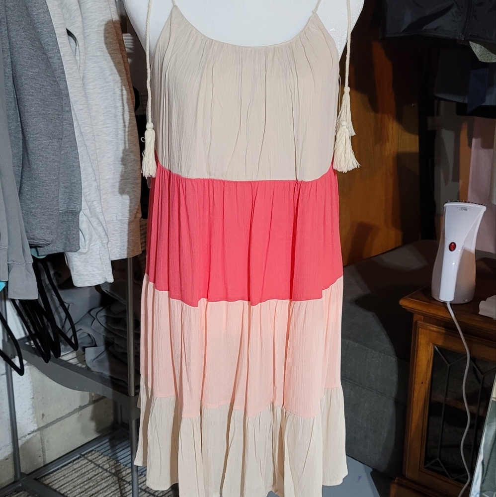 Cream and Pink Pleated Mini Sundress